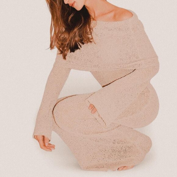 Meshki Marisol Wheat Bouclé Maxi Dress – Off-Shoulder Coquette Minimalist (XXS) - Picture 2 of 8